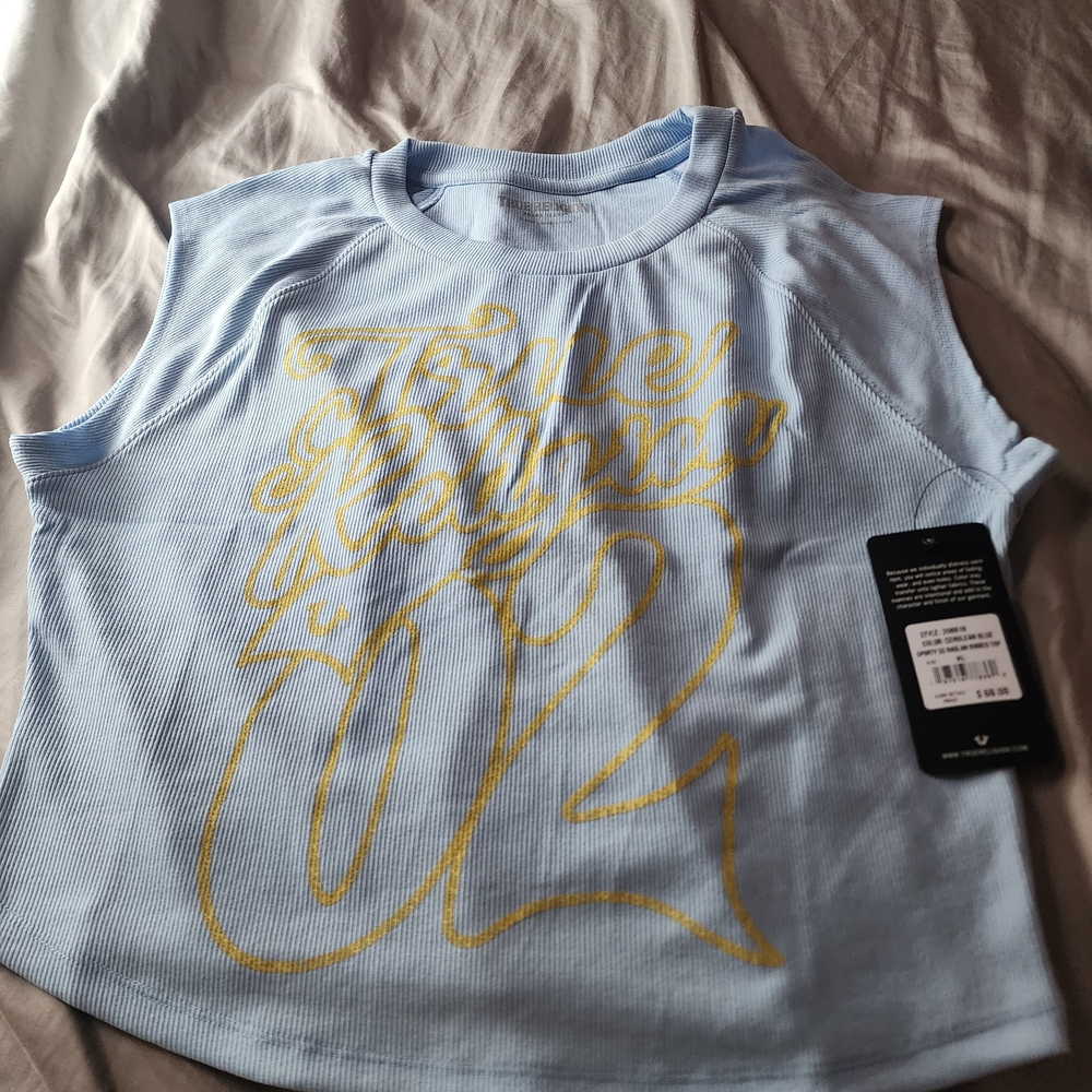 True Religion Light Blue Muscle Tee with Yellow Graphic XL